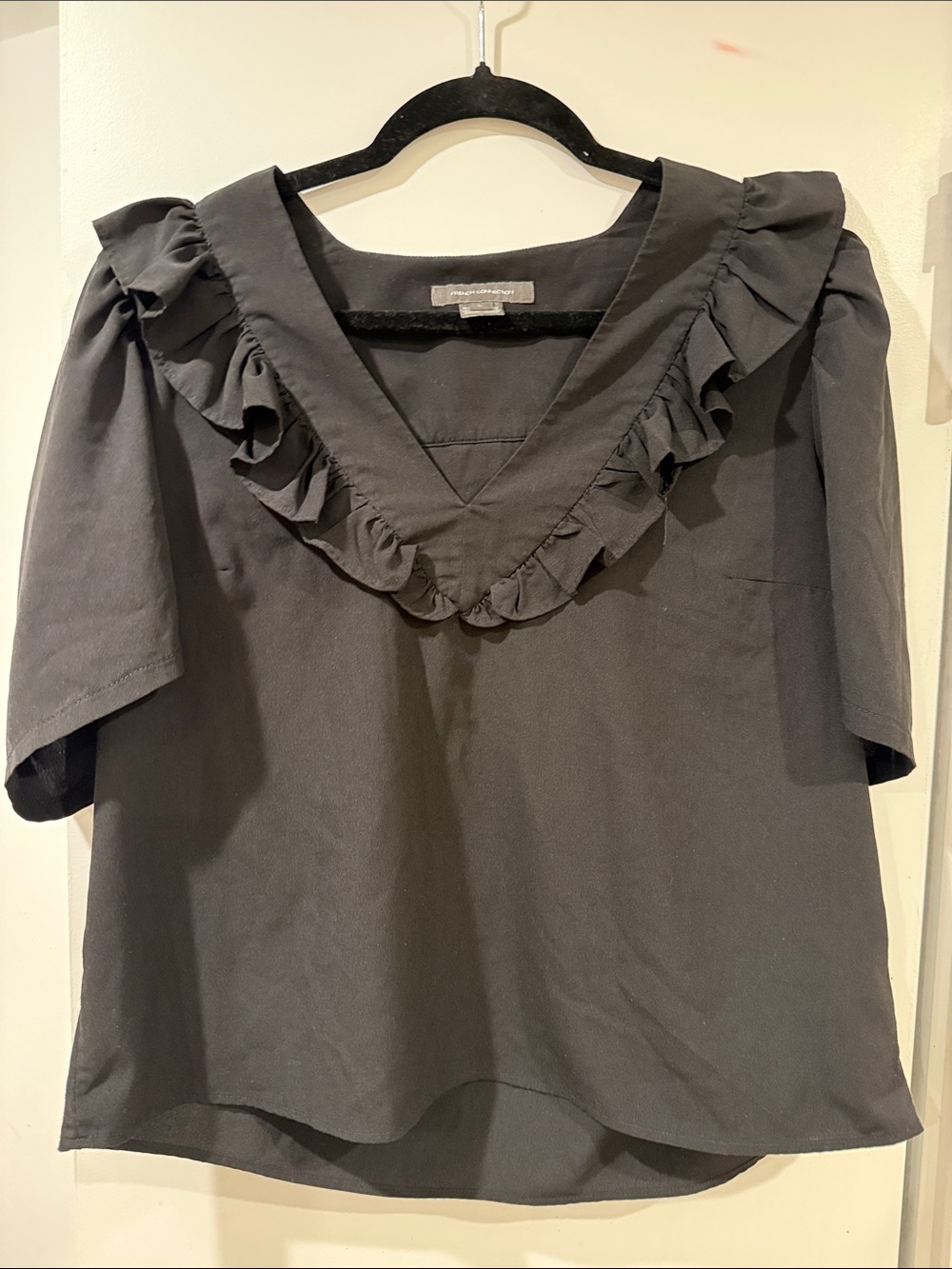 French Connection Black Ruffle V-Neck Blouse